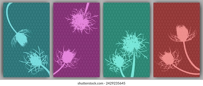 Diseño de vector de arte de pared de flor de zanahoria. Dientes de león suaves abstractos. Flores silvestres que simbolizan a una pareja enamorada. Ilustración de plantas médicas. Fondos de invitación de boda.