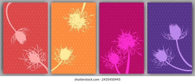 Karotte Blume Wand Kunst Vektor-Design. Abstrakte flauschige Löwenzahn. Feldblütenknospen symbolisieren ein verliebtes Paar. Heilpflanzen Illustration. Aromatische Grasknospen.