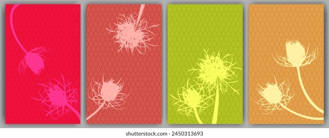 Karottenblume Wandkunst Vektorgrafik Design. Abstrakte flauschige Löwenzahn. Wilde Blütenknospen symbolisieren ein verliebtes Paar. In: Medical Plants Illustration. Karotten- oder Löwenzahn-Blüten-Silhouetten.