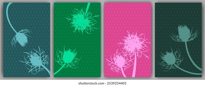 Carrot flower wall art vector design. Rustic fluffy dandelions. Wild flower buds symbolising couple in love. Medical plants illustration. Carrot or dandelion blossom engravings.