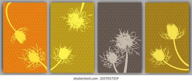 Carrot flower wall art vector design. Rustic fluffy dandelions. Field flower buds symbolising couple in love. Medical plants illustration. Carrot or dandelion blossom engravings.