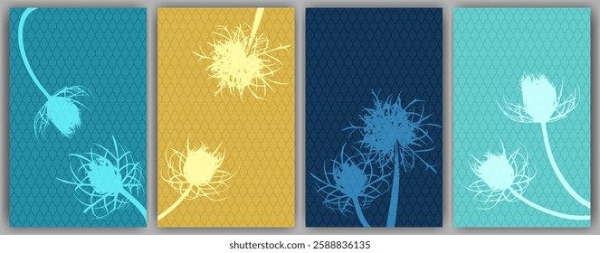 Carrot flower wall art vector design. Rustic fluffy dandelions. Spring cards. Field flower buds symbolising couple in love. Healing plants illustration. Organic skin care covers.