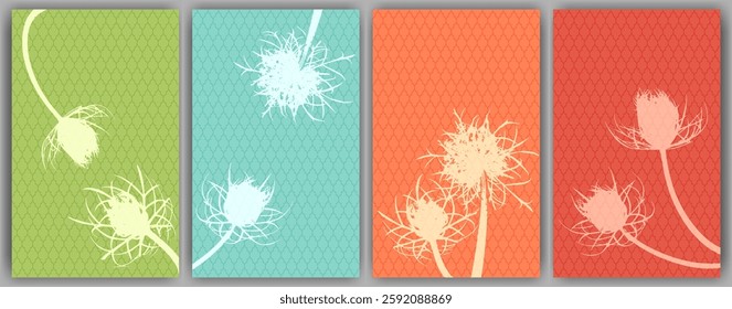 Carrot flower wall art vector design. Rustic fluffy dandelions. Field flower buds symbolising couple in love. Medical plants illustration. Aromatic grass buds.