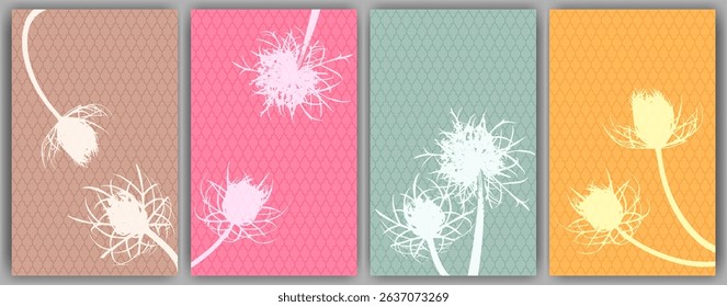 Carrot flower wall art vector design. Rustic fluffy dandelions. Field flower buds symbolising couple in love. Medical plants illustration. Organic skin care covers.
