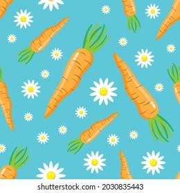 Carrot and flowers easter seamless pattern on blue background. Flat cartoon design. Vector illustration.
