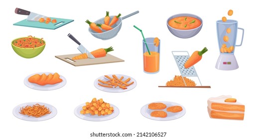 Carrot food. Preparing food from healthy natural vegetables with vitamins carrot cake delicious exact vector cartoon set