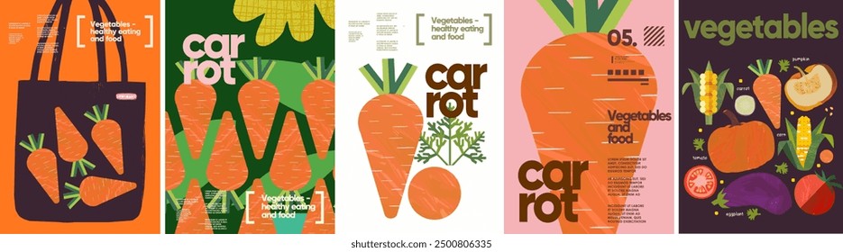 Carrot, food and vegetables. Vector modern abstract illustration of carrots isolated on white background, in bag and pattern for background, poster, flyer or brochure cover