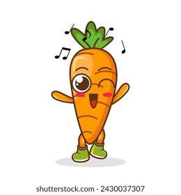 Carrot Fruit cartoon mascot character Listening music. Cute Carrot cartoon character dances to music
