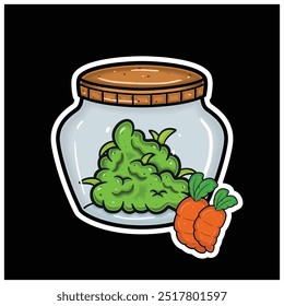 Sabor a zanahoria con la mascota de la historieta de Weed Bud en tarro. Para pegatina y etiqueta. Vector e ilustración.