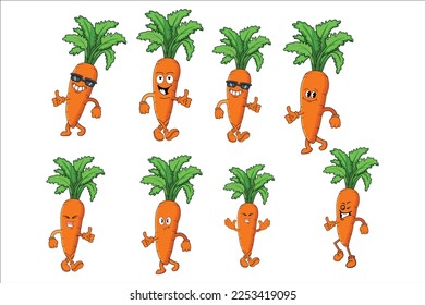 Carrot Fruite expression vector pack,Funny cartoon fruits face, Summer fruit characters vector pack isolated on white.