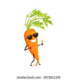 Carrot funny cartoon character on rest isolated cute vegetable in sunglasses with cocktail. Vector veggie on summer vacation, carrot with juice, kids children food emblem. Summertime vacation activity