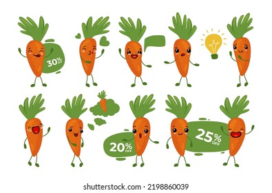 Carrot funny character promo sale discount set vector flat illustration. Cute seasonal orange vegetable mascot shopping special offer. Smiling vitamin emoticon love crying happy dreaming idea hello