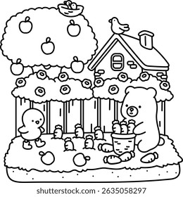 The Carrot Garden in the Backyard with Two Friends, easy coloring for kids, vector, illustration, coloring book, coloring page, cozy, cute, bold, comfy