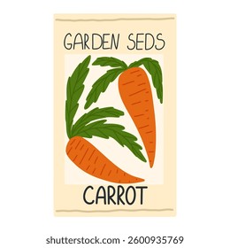 Carrot garden seed package vector illustration. Whole orange carrots image isolated on white background. Ripe root vegetable with greens on top packaging design