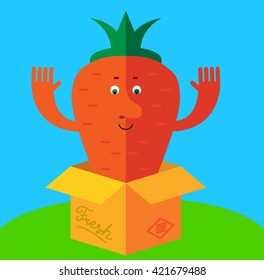 Carrot  get the idea holding bulb thinking outside the box. Flat style vector illustration . Funny cartoon character