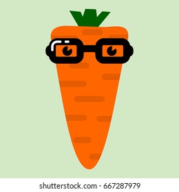 The carrot in glasses. Flat design. Vector illustration.