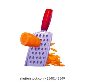 Carrot grating on grater for food cooking and preparation process, vector icon. Grater and carrot vegetable grating for salad or food preparation, kitchen utensil and kitchenware equipment for cooking