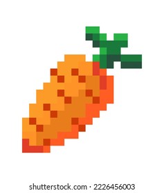 Carrot with green leaf, pixel art of vegetable. Veggies and products for eating, ingredients and meal. Food for tasty eating. Pixelated isolated icon, 8 bit game design, Vector in flat style