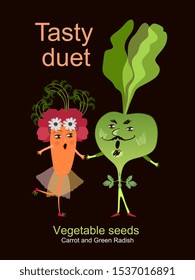 Carrot and green radish. Cute characters on packaging of seeds. Creative design template.