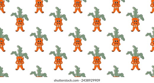 Carrot groovy retro seamless pattern. Design isolated on white background. Creative texture for fabric, paper. Eco vegetables food, vegan day.