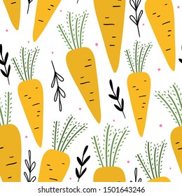 Carrot hand drawn seamless pattern for print, textile. Modern decorative kids background with vegetables.