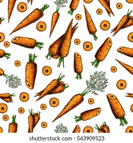 Carrot hand drawn vector seamless pattern. Isolated Vegetable artistic style object with sliced pieces. Detailed vegetarian food drawing. Farm market product. Great for menu, label, icon