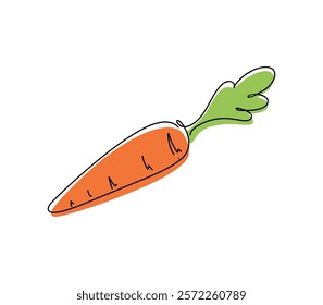 Carrot is hand-drawn in one continuous line, isolated on a white background, vector, color illustration. A bright vegetable, an element for labels, decorations, design, flat design, simple drawing