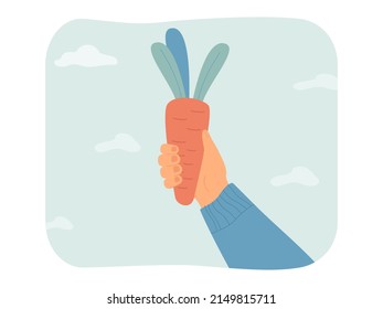 Carrot in hands flat vector illustration. Person eating vegetables, taking care of health. Vegan or vegetarian diet, healthy lifestyle, vitamins concept for banner, website design or landing web page