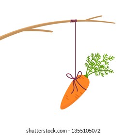 Carrot Hanging On Stick Isolated On White Background. Incentive Concept Vector Illustration 