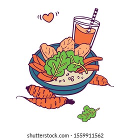 carrot healthy meal and juice or smoothie. hand-drawn in cartoon style, colored artwork isolated on white background,  in vector.