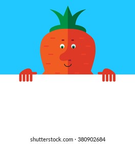 Carrot  holding a blank sheet. Flat style vector illustration . Funny cartoon character