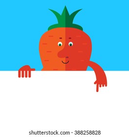 Carrot  holding a blank sheet pointing. Flat style vector illustration . Funny cartoon character