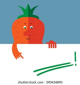 Carrot  holding a blank sheet and pointing on green underline empty place. Flat style vector illustration . Funny cartoon character