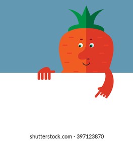 Carrot  holding a blank sheet pointing. Flat style vector illustration . Funny cartoon character