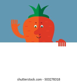 Carrot  holding a blank sheet and waving hand greeting. Flat style vector illustration . Funny cartoon character