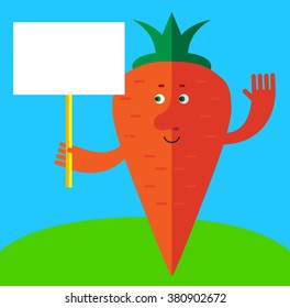 Carrot  holding a blank sign. Flat style vector illustration . Funny cartoon character