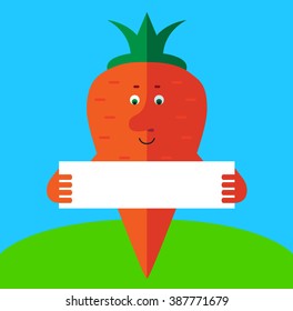 Carrot   holding a blank sign. Flat style vector illustration . Funny cartoon character