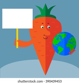 Carrot  holding a globe and blank sign. Flat style vector illustration . Funny cartoon character