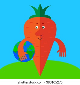 Carrot  holding a globe. Flat style vector illustration . Funny cartoon character