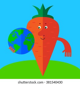 Carrot  holding a globe and waving hand. Flat style vector illustration . Funny cartoon character