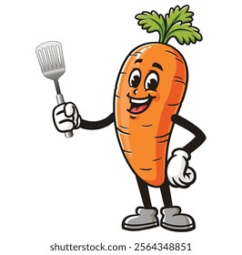 Carrot holding a spatula,  Cartoon Character Mascot Illustration Vector Clip-art Hand-drawn Logo Design