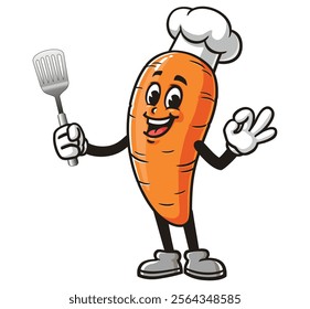 Carrot holding a spatula and wearing a chef's hat,  Cartoon Character Mascot Illustration Vector Clip-art Hand-drawn Logo Design