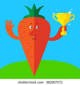 Carrot  holding winning trophy. Flat style vector illustration . Funny cartoon character
