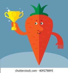 Carrot  holding winning trophy. Flat style vector illustration . Funny cartoon character