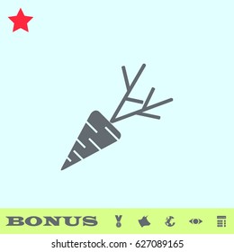 Carrot icon flat. Grey pictogram on blue background. Vector illustration symbol and bonus buttons medal, cow, earth, eye, calculator