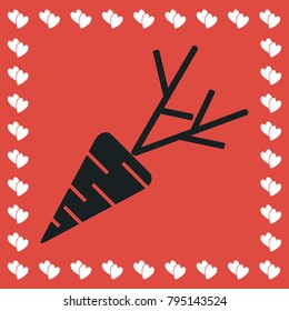 Carrot icon flat. Simple black pictogram on red background with white hearts for valentines day. Vector illustration symbol