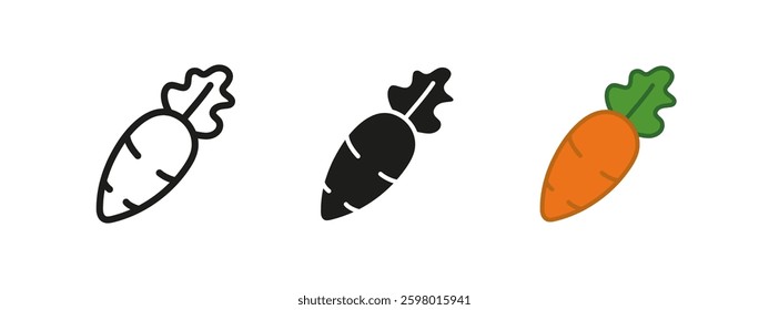 Carrot icon. Fresh orange root vegetable vector illustration. Healthy food symbol. Nutritious and organic farm produce pictogram. Essential ingredient for cooking and diet concept.