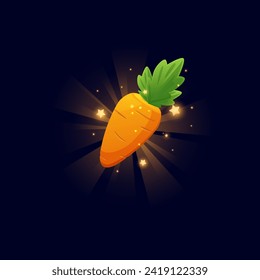 Icono de restricción para el diseño de juegos, ilustración vectorial de estilo de dibujos animados aislada en fondo negro. La verdura flota y vuela en el aire, resplandece, estrellas alrededor. Ui item, ícono de la vitamina alimento, imagen colorida