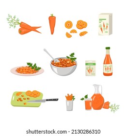 Carrot icon and products from it. Healthy food, orange vegetable. Source of vitamin A, sweet snack. Carrot root for plant, juice in pack, bottle, jug or glass, chopped pieces. Vector flat illustration