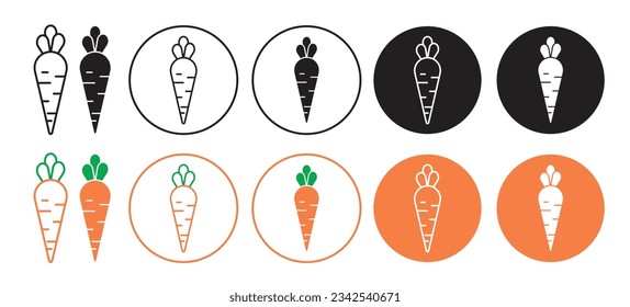 Juego de iconos de zanahoria en color negro y naranja relleno y con un estilo delineado. símbolo de la web de zanahoria vegetariana.